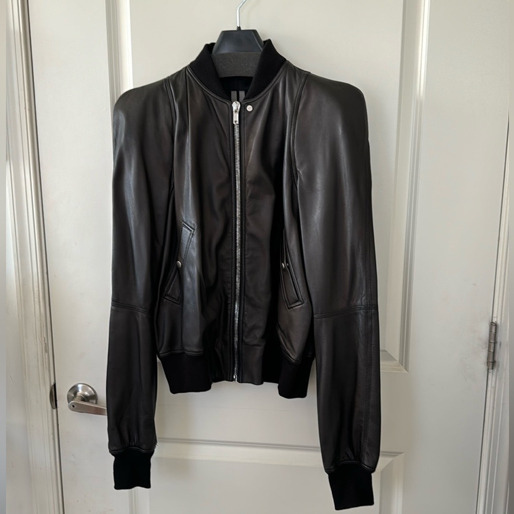 Rick Owens Black Leather Jacket with Exaggerated Padded Shoulders